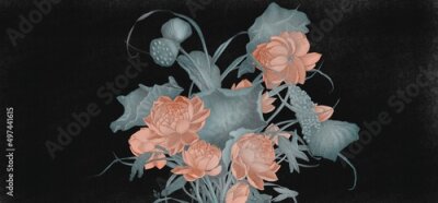 Fotobehang Rode bloemen en groene bladeren op een zwarte achtergrond