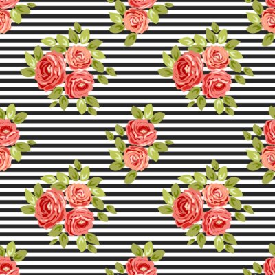 Behang Rode bloemen met bladeren op een zwart-wit gestreepte achtergrond