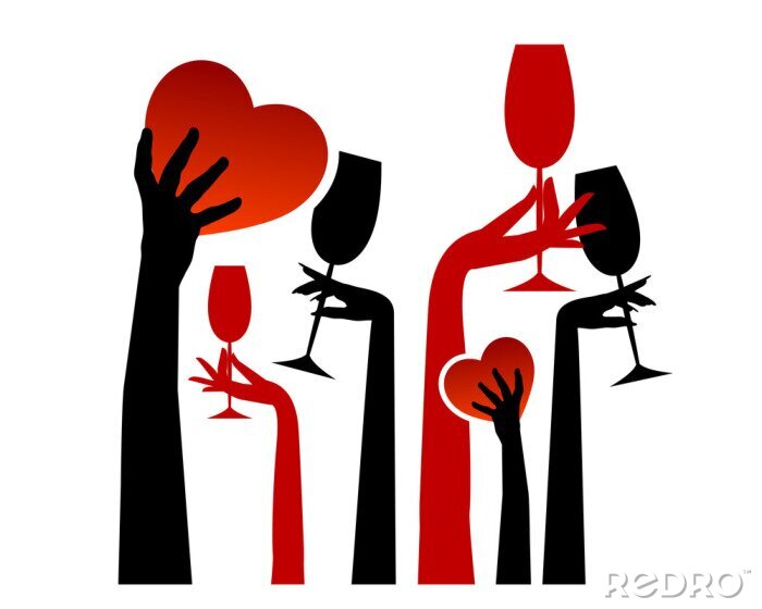 Fotobehang Rode en zwarte afbeelding met drankjes en hartjes