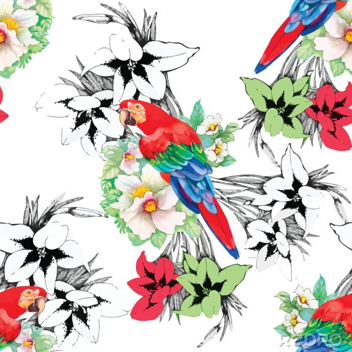 Fotobehang Rode papegaai op de achtergrond van bloemen