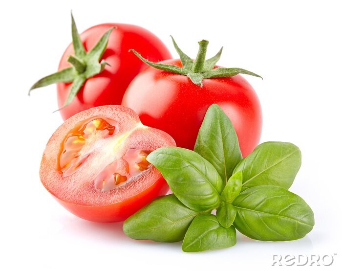 Fotobehang Rode tomaten en basilicum