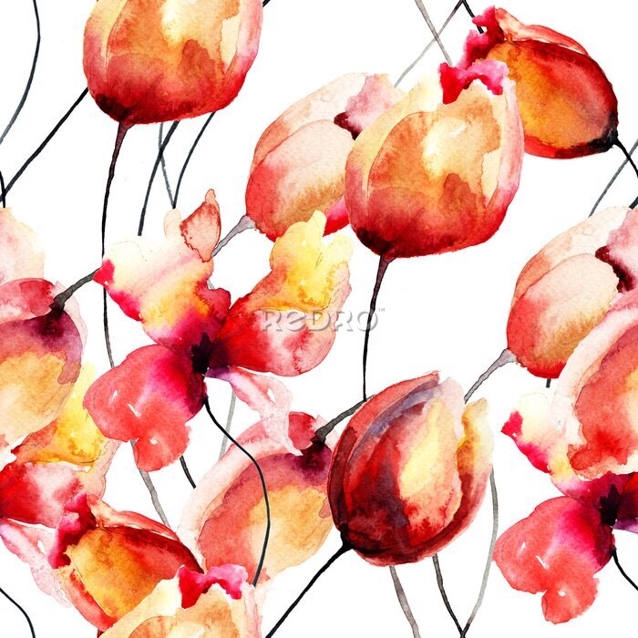 Fotobehang Rode tulpen geschilderd in aquarel