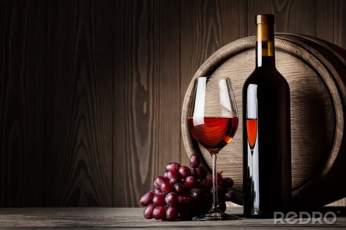 Fotobehang Rode wijn druiven en glazen