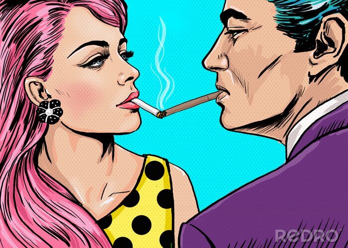 Fotobehang Roken paar in Pop Art style.Love couple.Pop Art Couple.Pop Art love.Valentines dag postcard.Hollywood film scene.Real love.Movie poster.Comic boek love.Party mensen op zoek in elkaars ogen