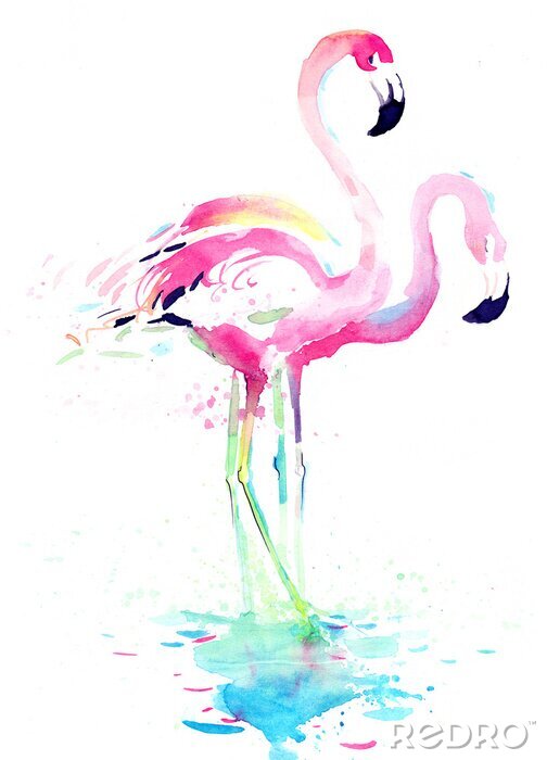 Fotobehang Roze aquarel flamingo's