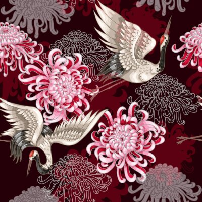Roze bloemen en kraanvogels in oosterse stijl