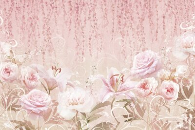 Fotobehang Roze bloemen op een roze decoratieve achtergrond