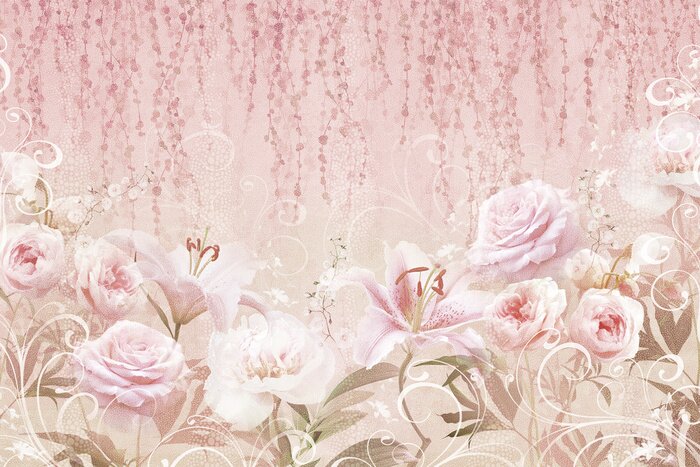 Fotobehang Roze bloemen op een roze decoratieve achtergrond