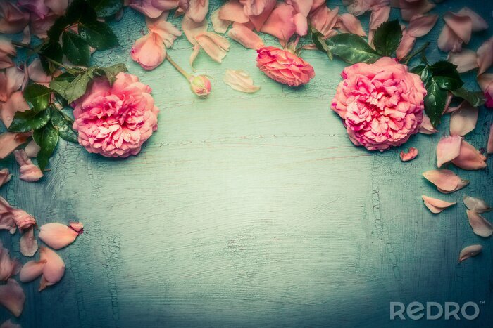 Fotobehang Roze bloemen op turkooise achtergrond