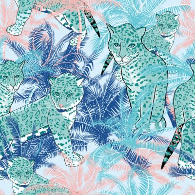 Fotobehang Roze en blauw jungle motief