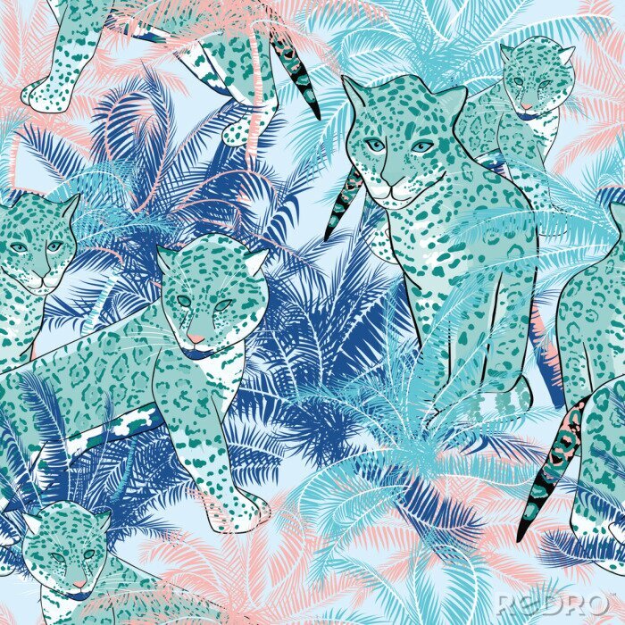 Fotobehang Roze en blauw jungle motief