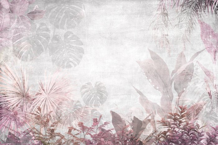 Fotobehang Roze en grijze tropische planten op een betonnen achtergrond