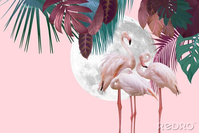 Fotobehang Roze flamingo's op een lichte achtergrond