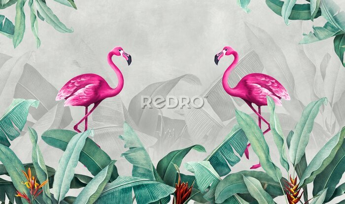 Fotobehang Roze flamingo's tussen bladeren op grijze achtergrond