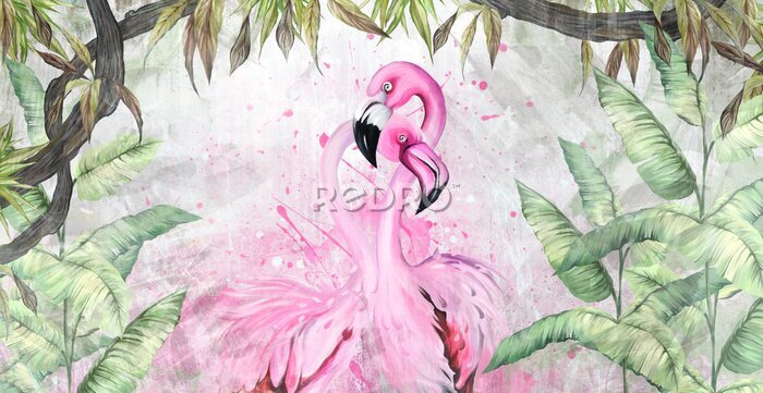 Fotobehang Roze flamingo's tussen grote tropische bladeren