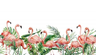 Fotobehang Roze flamingo's tussen monsterabladeren