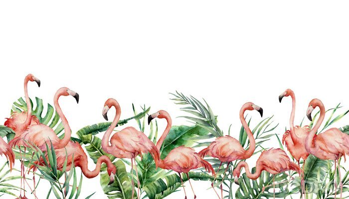 Fotobehang Roze flamingo's tussen monsterabladeren