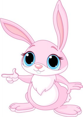 Roze konijn met blauwe ogen die met zijn vinger wijst