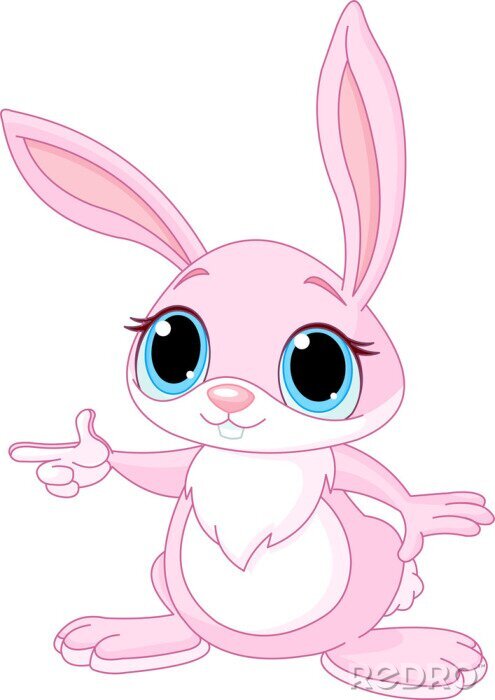 Fotobehang Roze konijn met blauwe ogen die met zijn vinger wijst