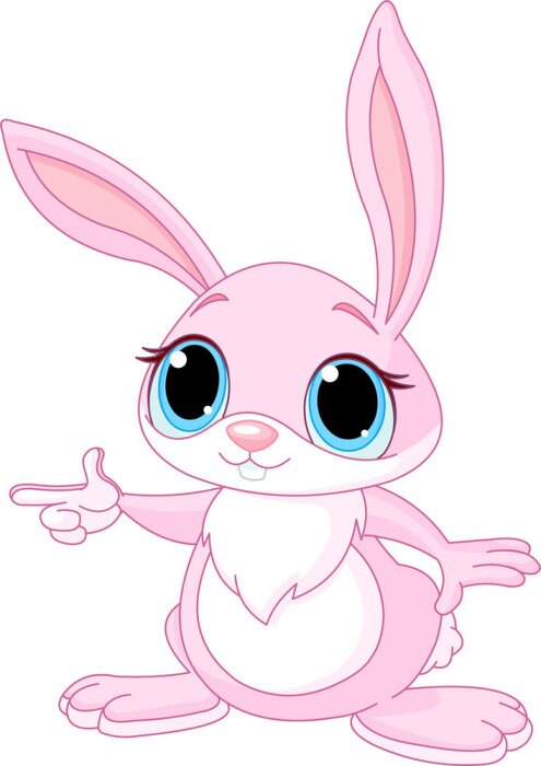 Fotobehang Roze konijn met blauwe ogen die met zijn vinger wijst