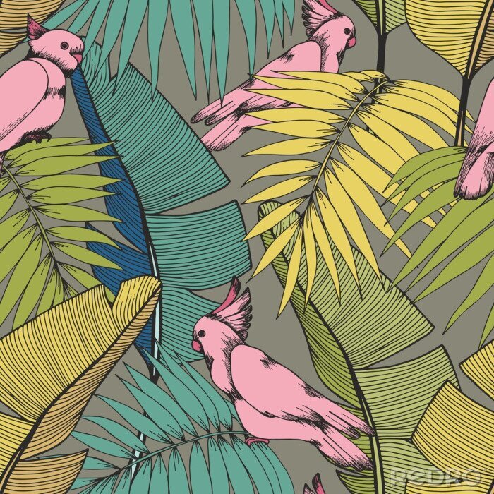 Fotobehang Roze papegaaien tussen de bladeren