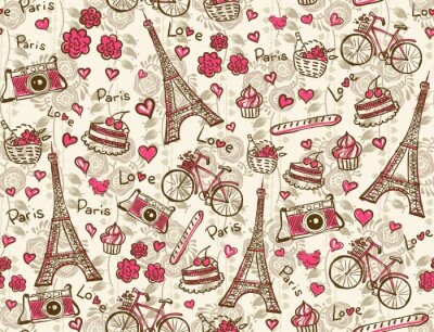 Fotobehang Roze patroon met symbolen van Parijs
