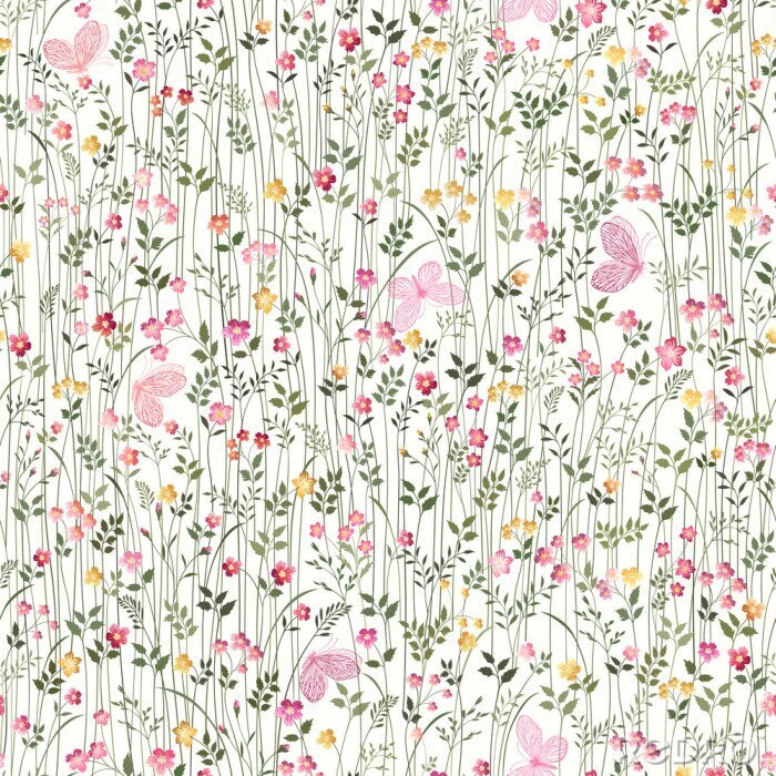 Fotobehang Roze vlinders op een weiland met bloemen