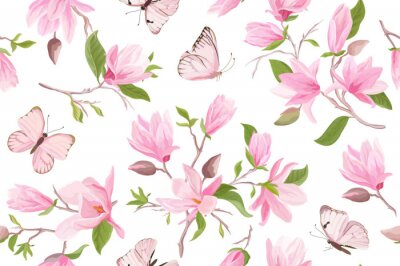 Fotobehang Roze vlinders tussen magnoliabloemen