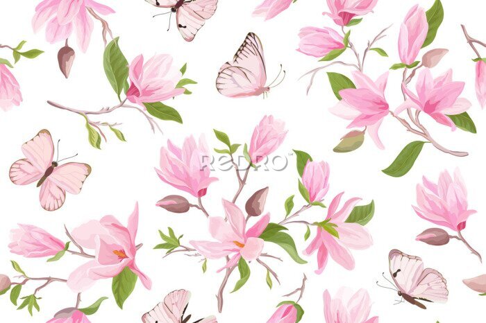 Fotobehang Roze vlinders tussen magnoliabloemen