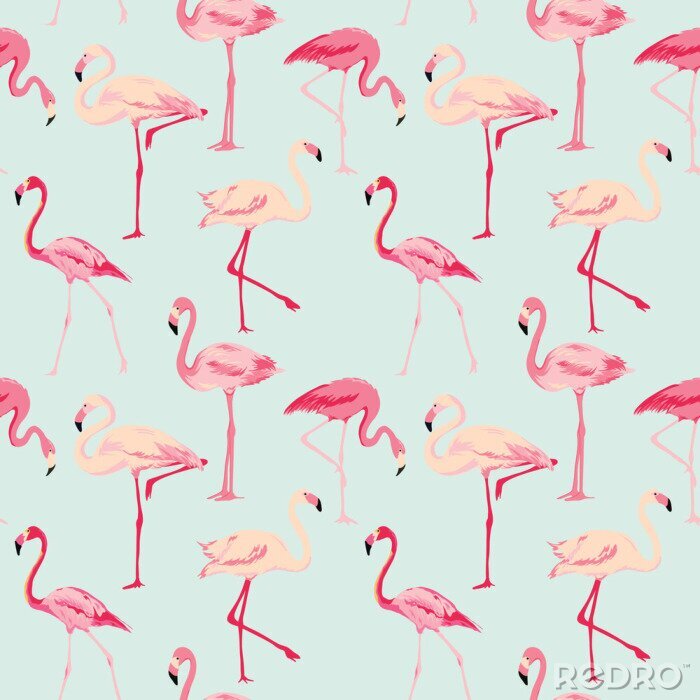 Fotobehang Roze vogels op een blauwe achtergrond
