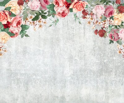 Fotobehang Rozen in verschillende kleuren op een betonnen textuur