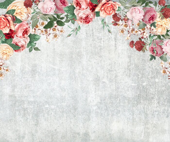 Fotobehang Rozen in verschillende kleuren op een betonnen textuur