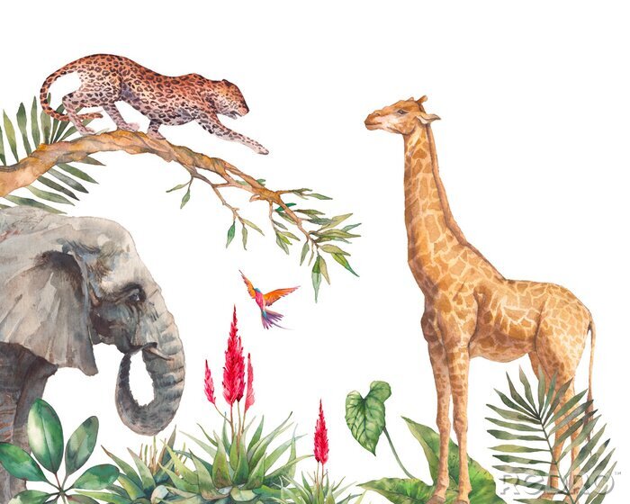 Fotobehang Safari wildlife wallpaper. Illustration with elephant, leopard and giraffe. Watercolor animal and jungle flora on white background.