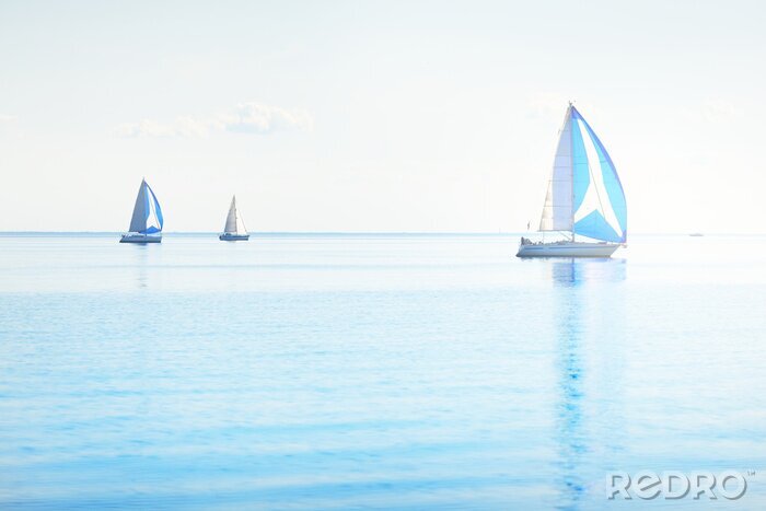 Fotobehang Sailing yacht regatta. Modern sailboats racing with blue spinnaker sails. Clear summer day. Kiel, Germany. Sport and recreation, transportation, private wessel, vacations