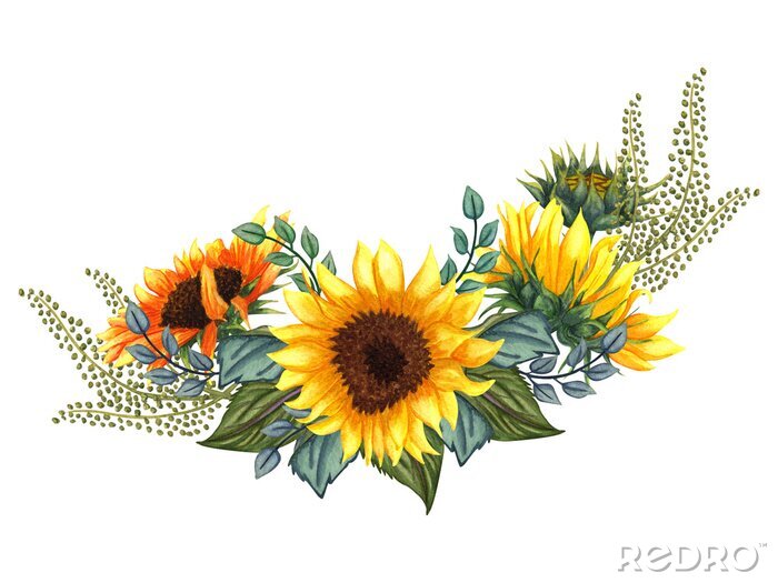Fotobehang Samenstelling van zonnebloemen en bladeren