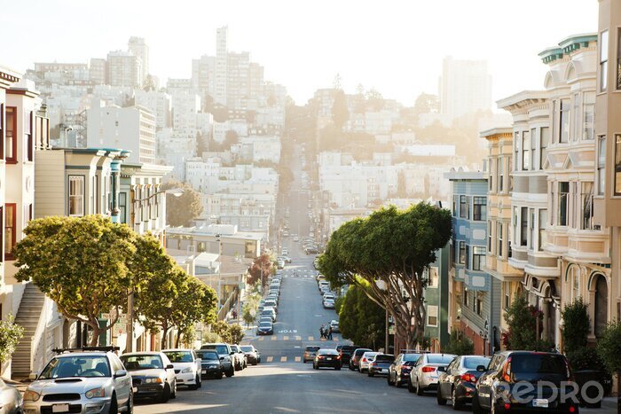 Fotobehang San Francisco Street bij zonsondergang