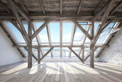 Fotobehang Scandinavian attic interior with wooden beam roof construction and wooden floor