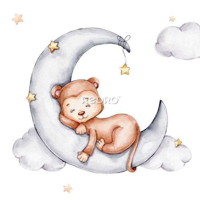 Fotobehang Schattig aapje slaapt op de maan