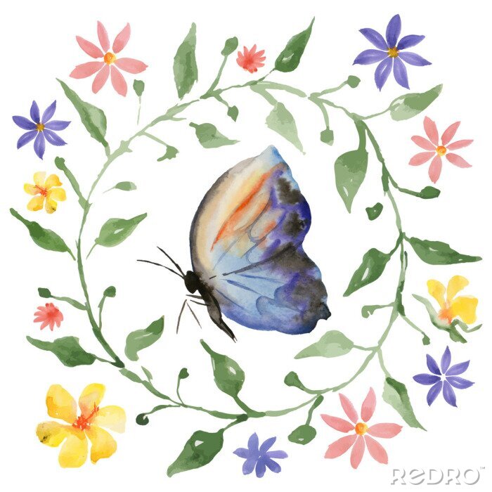 Fotobehang Schattig patroon met vlinder en bloemen