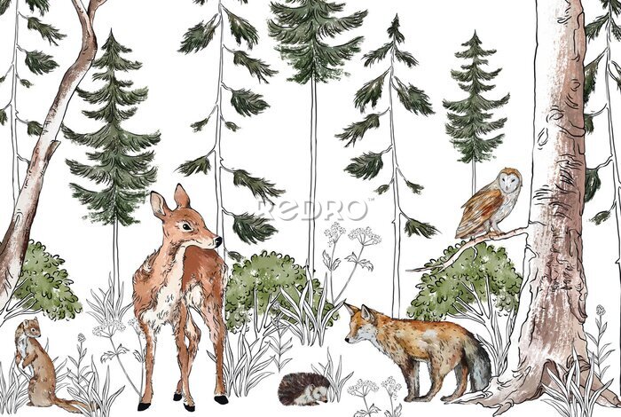 Fotobehang Schattige dieren in een aquarelbos