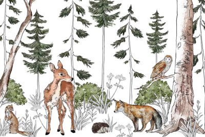 Fotobehang Schattige dieren in een aquarelbos