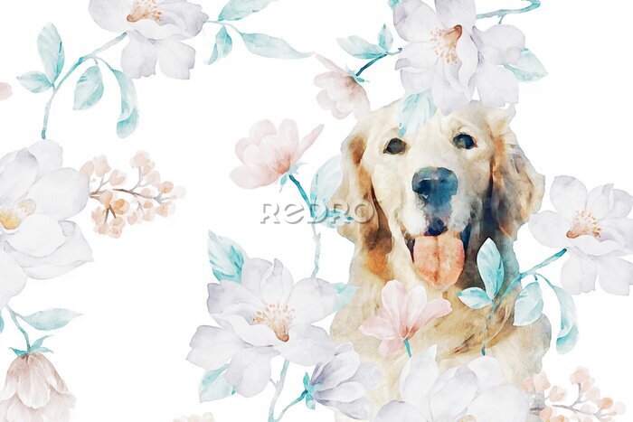 Fotobehang Schattige hond onder aquarel bloemen op witte achtergrond