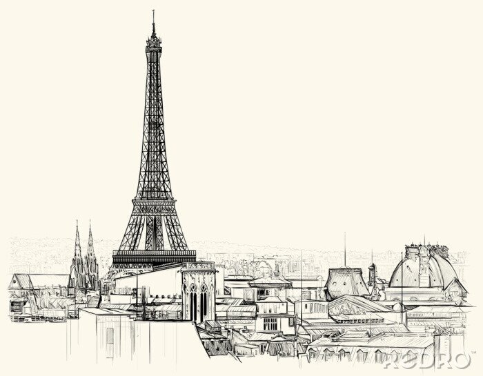 Fotobehang Schets met monumenten van Parijs