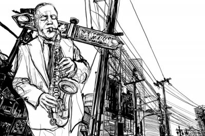 Fotobehang Schets van een saxofonist op straat