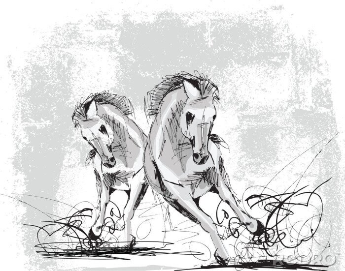 Fotobehang Schets van paarden in beweging