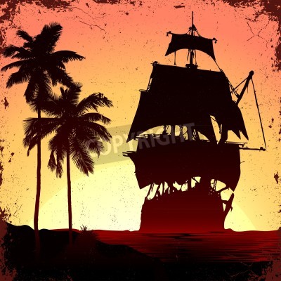 Fotobehang Schip en tropische palmbomen