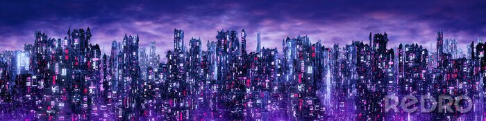 Fotobehang Science fiction neon city night panorama / 3D illustration of dark futuristic sci-fi city lit with blight neon lights