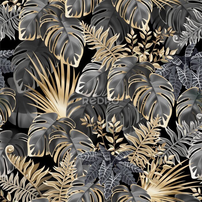 Fotobehang Seamless background dark leaves of tropical exotic plants. Pattern jungle with palm trees and lianas. Vector 3d illustration.