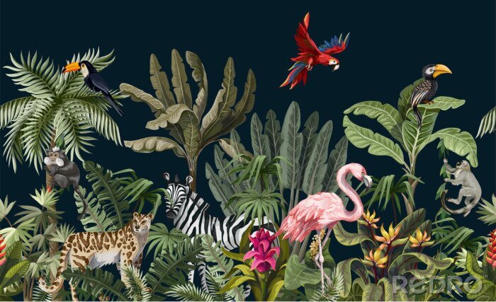 Fotobehang Seamless border with jungle animals, flowers and trees. Vector.