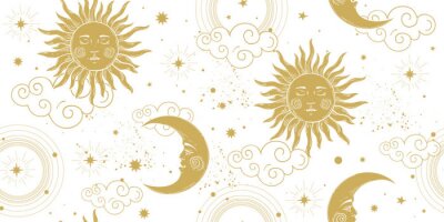 Seamless celestial pattern with golden sun and crescent moon on white background, vintage boho ornament for astrology and tarot. Modern vector hand drawing illustration.